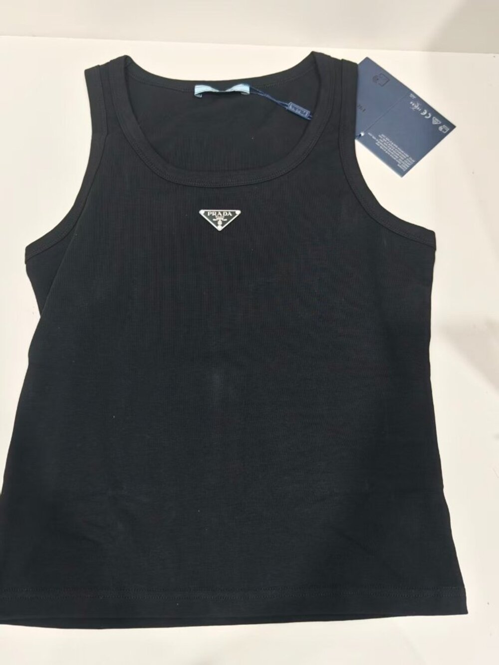 Prada Black Ribbed Sleeveless Tank Top Silver Triangle Logo Designer Tank With T